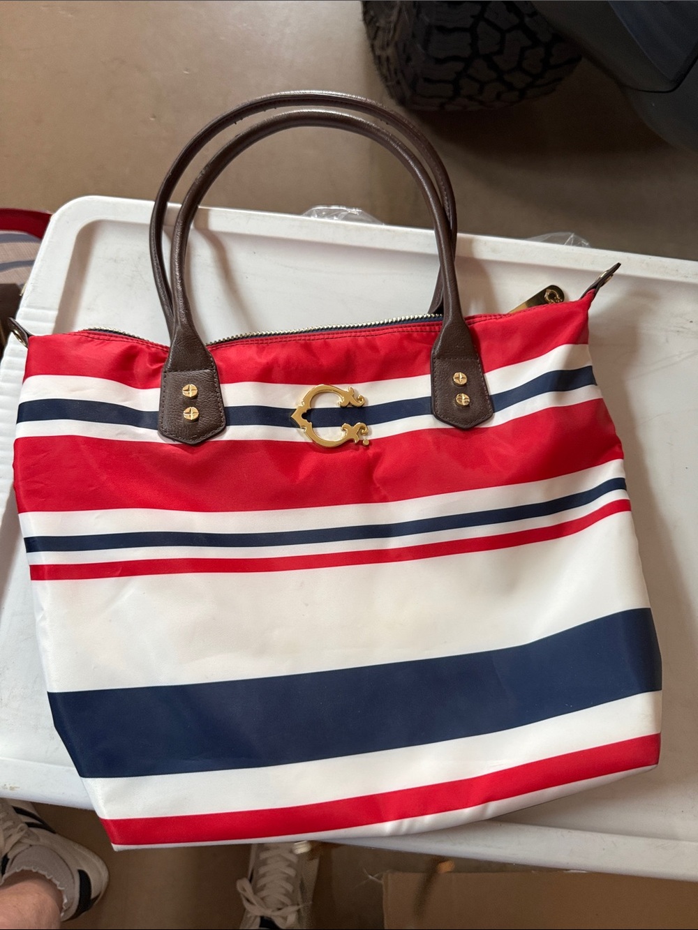 C. Wonder Red, White & Navy Striped Tote with Brown Handles
